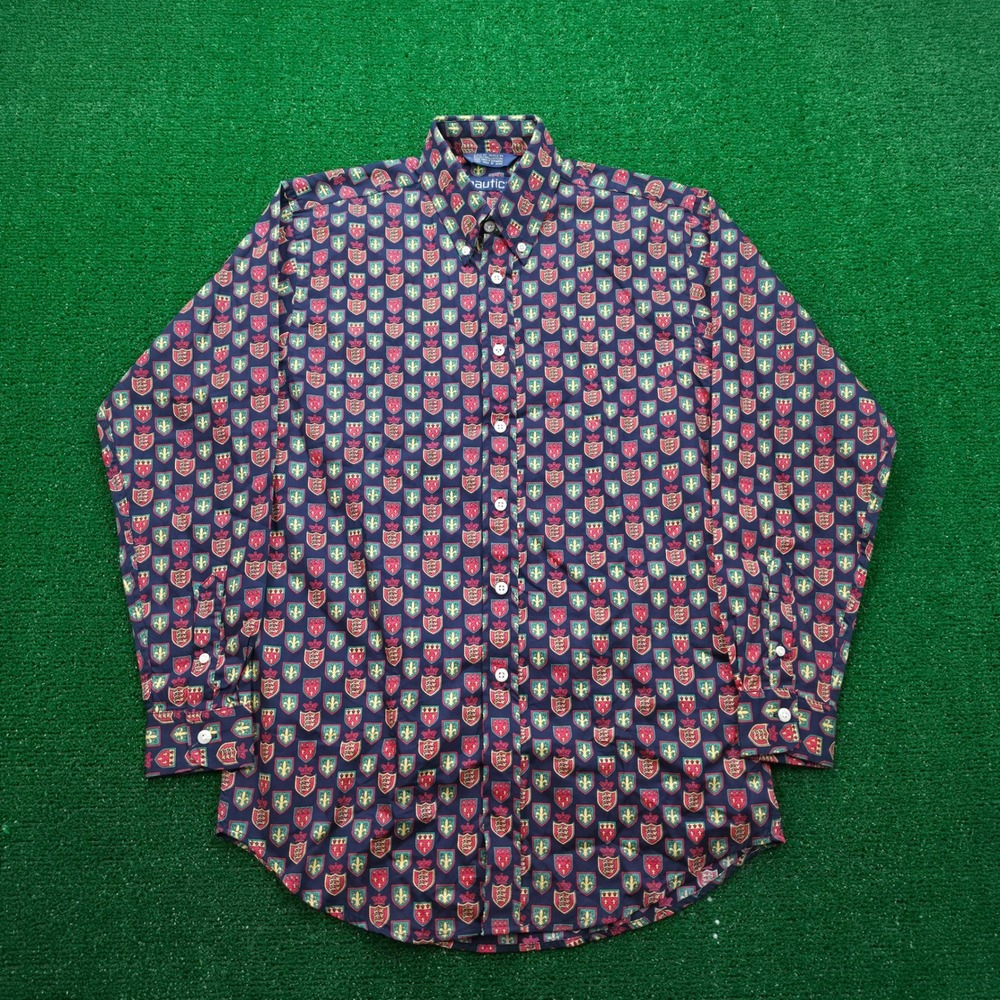 Vintage 90s Nautica Shirt Youth Boys Large Collegiate Heraldic Shield Button Up